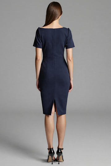 Navy Asymmetrical Ruched Midi Dress